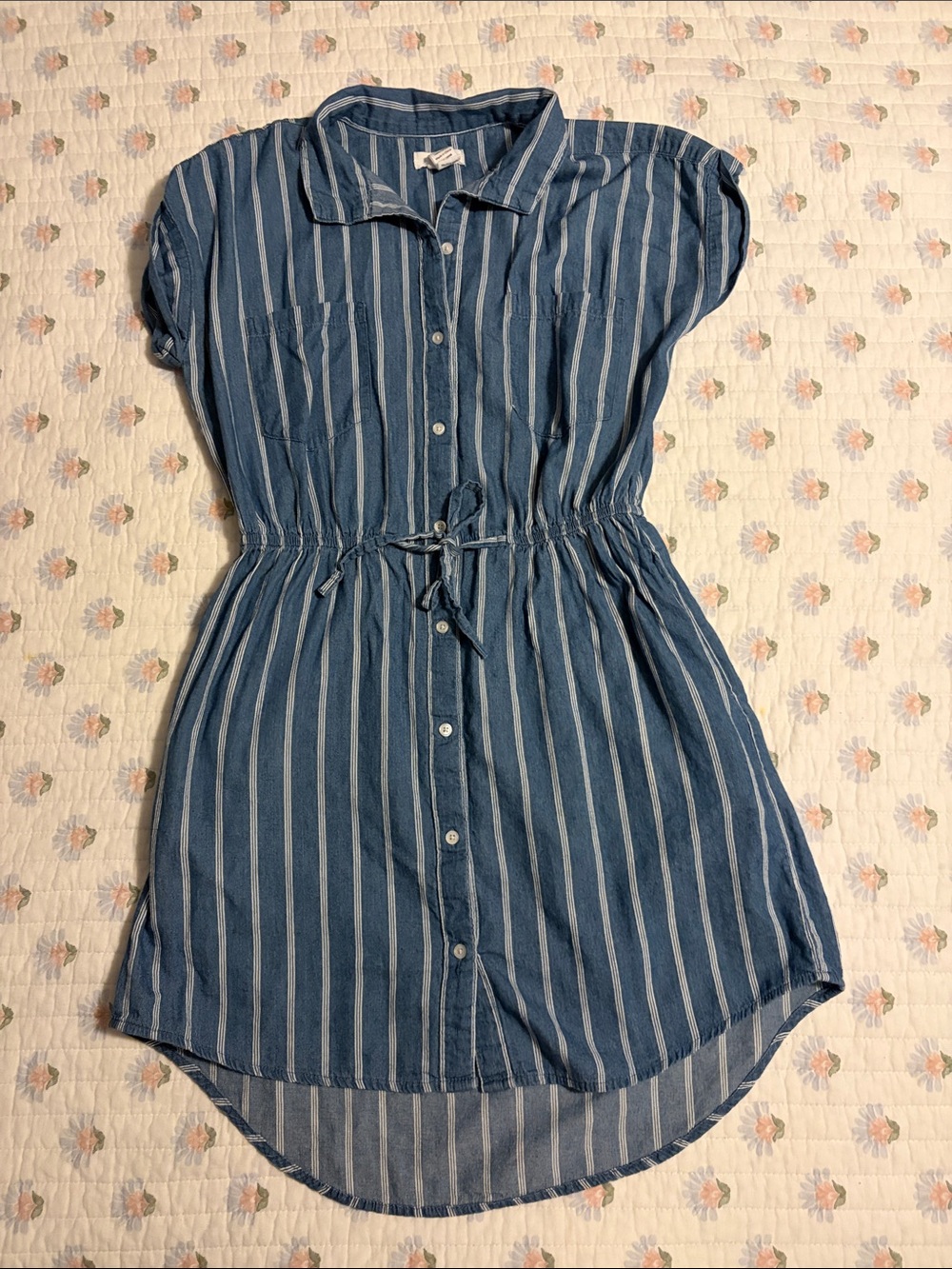 Striped Blue Button-Front Shirt Dress with Drawstring Waist